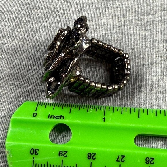 Adjustable Black Rhinestone Rose Flower Ring With Stretch Band Size 9 Women - Picture 11 of 16
